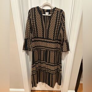 Mud Pie Black and Tan Geometric Long Sleeve Maxi Dress